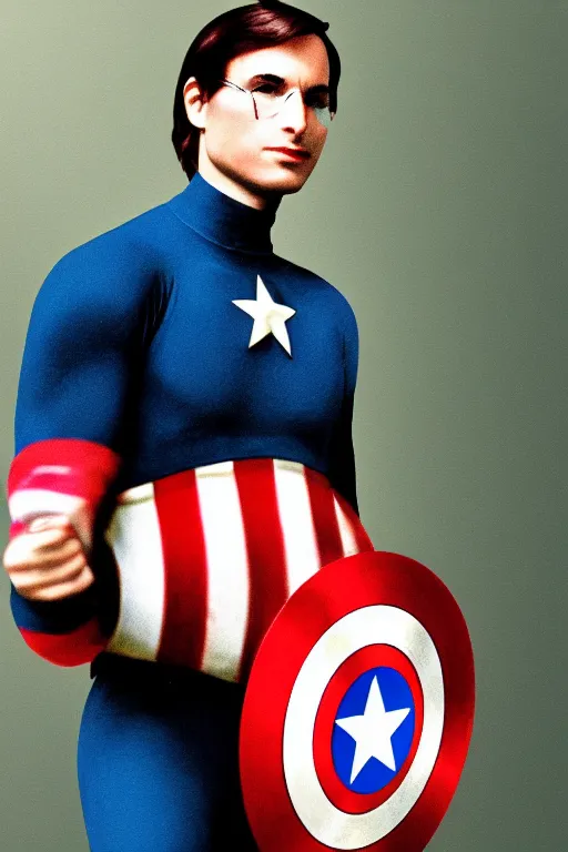 Image similar to Young Steve Jobs as Captain America holding a bitten apple