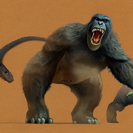 Image similar to t - rex fighting king kong, concept art