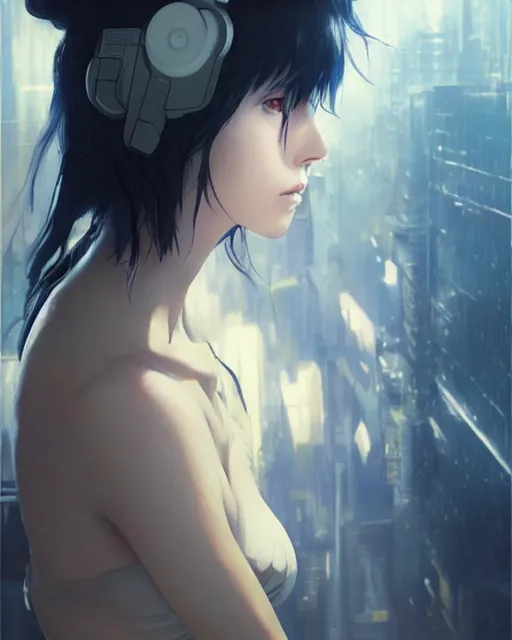 Image similar to still from ghost in the shell if made by krenz cushart and wenjun lin, portrait, illustration, rim light, top light, summer clear blue sky, perfectly shaded, soft painting, epic, intricate, art