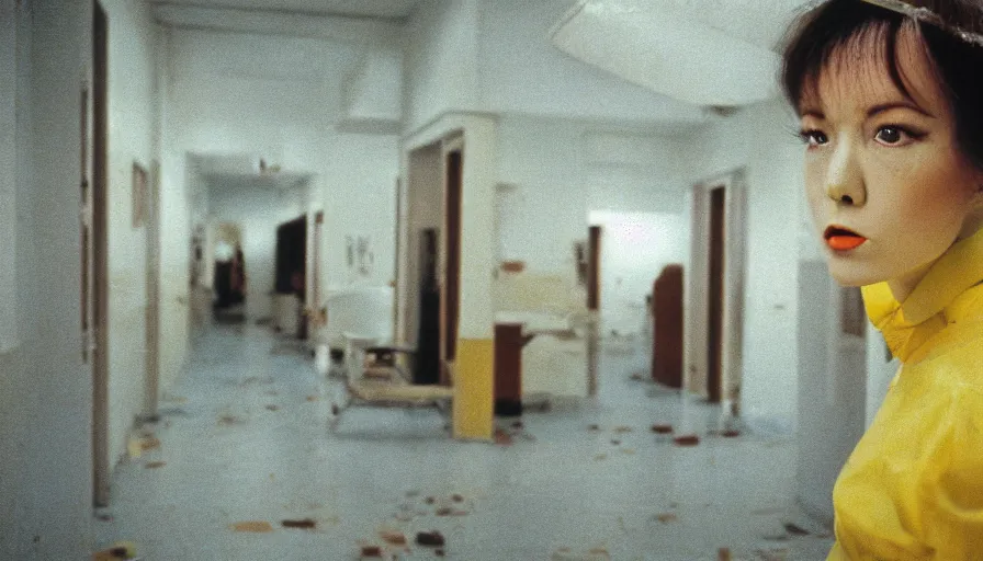 Image similar to 60s movie still of a white japanese female phantom with bloody jaw in an empty soviet stalinist style hospital with yellow tiles floor with light blue beds, cinestill 800t 35mm technicolor, heavy grain, high quality, higly detailed, liminal space