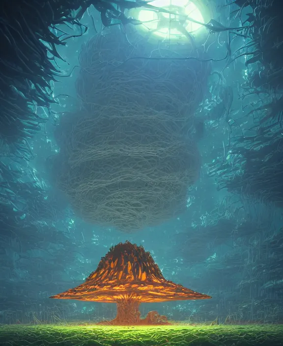 Prompt: simplicity, a simple church made out of exotic fungus, overgrown with weird smooth fungus and tendrils, spaceship, sci - fi, robots, somber, partly cloudy, by dan mumford, yusuke murata, makoto shinkai, ross tran, cinematic, unreal engine, cel shaded, featured on artstation, pixiv