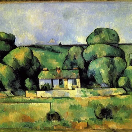 Image similar to small homestead on the edge of a lake, by Paul Cézanne