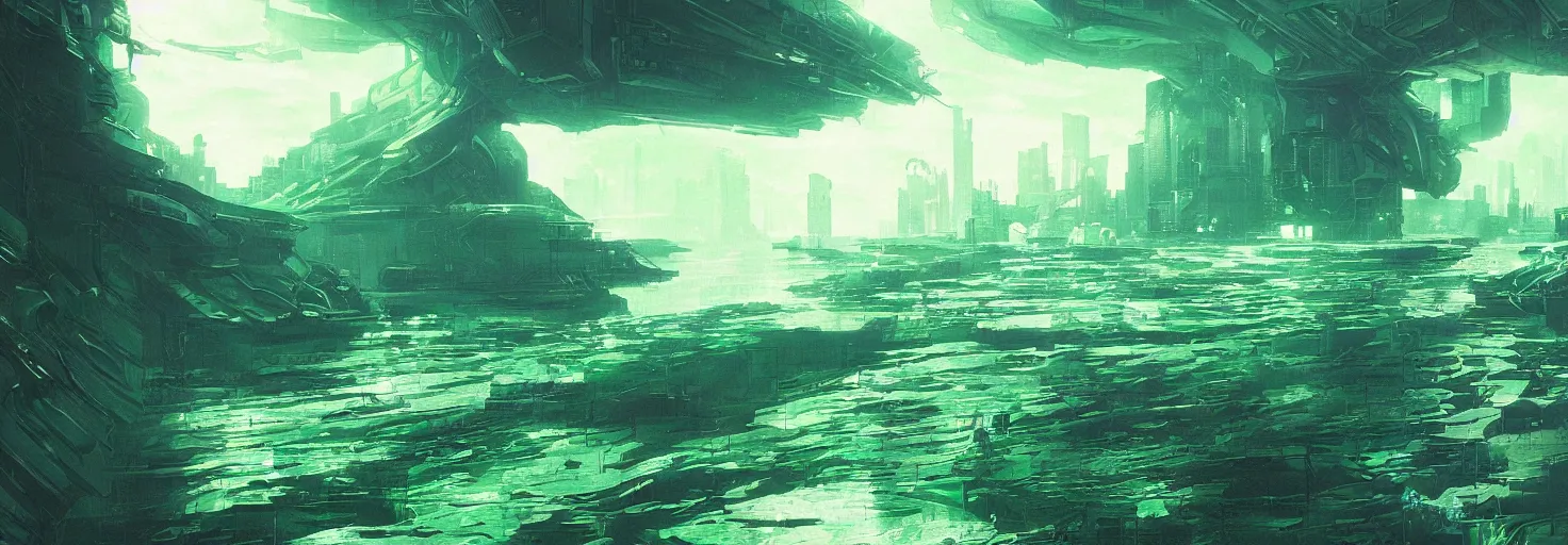 Image similar to reflective waves, cyberpunk texture, green coloring, by studio ghibli and greg rutkowski