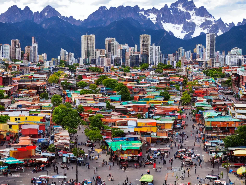 Image similar to south american city market street with tall buildings in a valley with rocky mountains