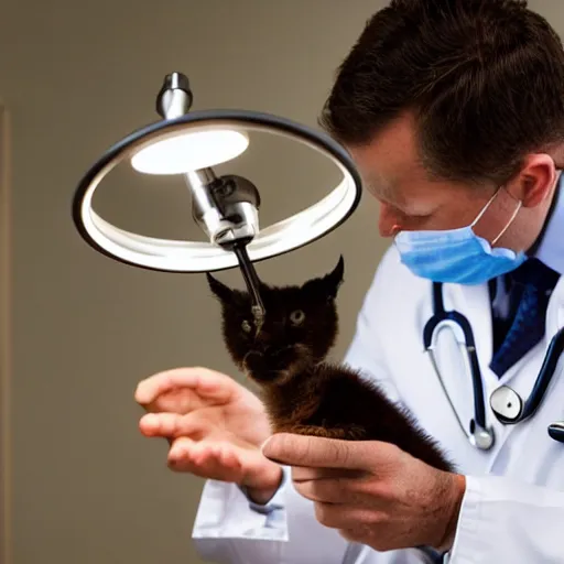 Image similar to doctor using a stethoscope to examine a cute fluffy caracal under bright operating room lights, closeup, wide angle, backlit