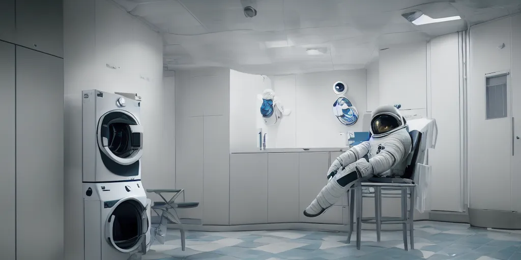 Image similar to a beautiful photo of an astronaut sat on a chair in an automatic laundry room, soft light, morning light, photorealistic, realistic, octane, 8k, cinematic shot