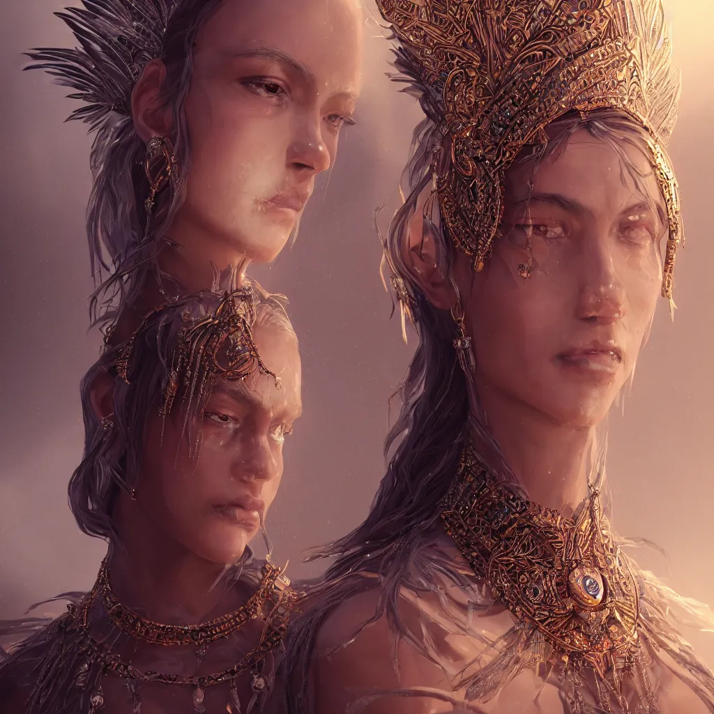 Image similar to portrait highly detailed beautiful symmetrical face high priestess intricate elegant detailed crystal jewellery with tribal feathers, volumetric lighting, digital painting, concept art, smooth, sharp focus 3 d, divine realm of gods, realistic cinematic style, octane render, photographic, concept art unreal engine 8 k by greg rutkowski