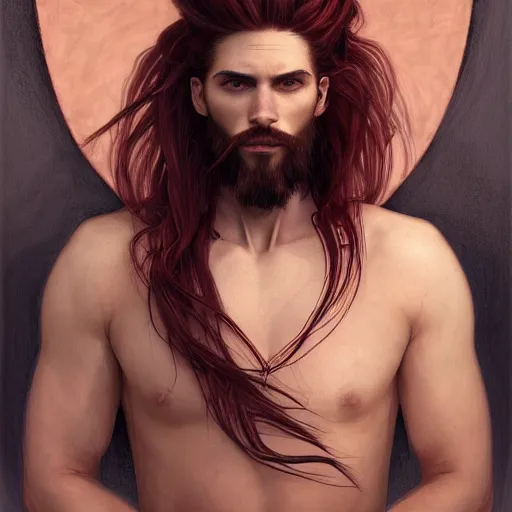 Prompt: portrait of a dragon with a humanoid face, male, handsome, masculine, full body, red hair, long hair, soft hair, fantasy, intricate, elegant, highly detailed, suit, coffee shop, digital painting, artstation, concept art, character art, smooth, sharp focus, illustration, art by artgerm and greg rutkowski and alphonse mucha