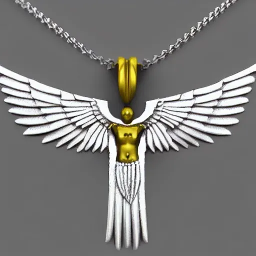 Image similar to 2 tone 3 d 6 winged angel necklace, jewelry render, photography, raytraced