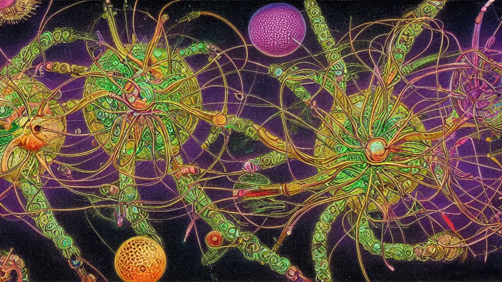 Image similar to quantum connections represented as symbiotic organisms like cells playing around with colorful lights by ernst haeckel, connectivity, sharp, futuristic, magnetic