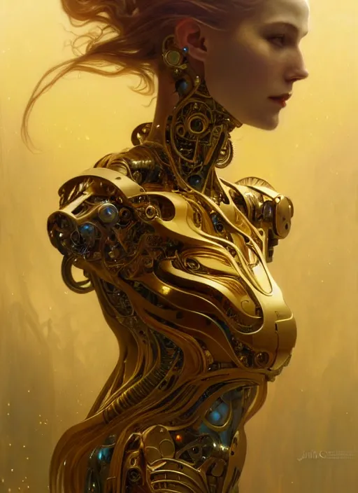 Image similar to organic cyborg, gold, diffuse lighting, fantasy, intricate, elegant, highly detailed, lifelike, photorealistic, digital painting, artstation, illustration, concept art, smooth, sharp focus, art by John Collier and Albert Aublet and Krenz Cushart and Artem Demura and Alphonse Mucha