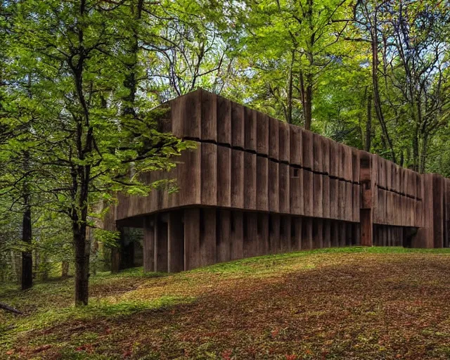 Image similar to pagan brutalist building made of carved wood near a pond and forest, a lot of chimes and calmness