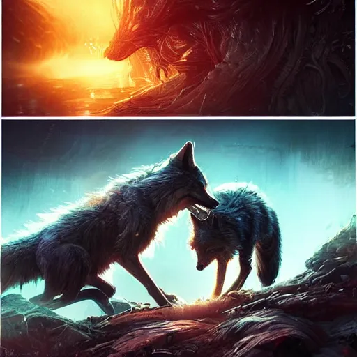 Prompt: a beautiful photograph of a biopunk wolf and a biopunk fox fight. intricate, epic lighting, cinematic composition, hyper realistic, 8 k resolution, unreal engine 5, by artgerm, tooth wu, dan mumford, beeple, wlop, rossdraws, james jean, marc simonetti, artstation