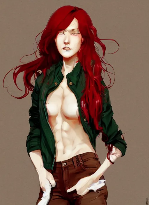 Image similar to full-body shot of an attractive tomboy girl with long, crimson red hair and red eyes, wearing a brown, open jacket and green jeans with a stern look, concept art, character design, by WLOP, by Ross Draws, by Tomine, by Satoshi Kon, by Rolf Armstrong, by Peter Andrew Jones
