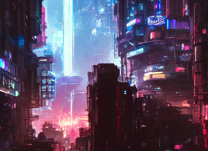 Image similar to meteorite hitting a cyberpunk city at night by wlop, key visual, high detail, digital art