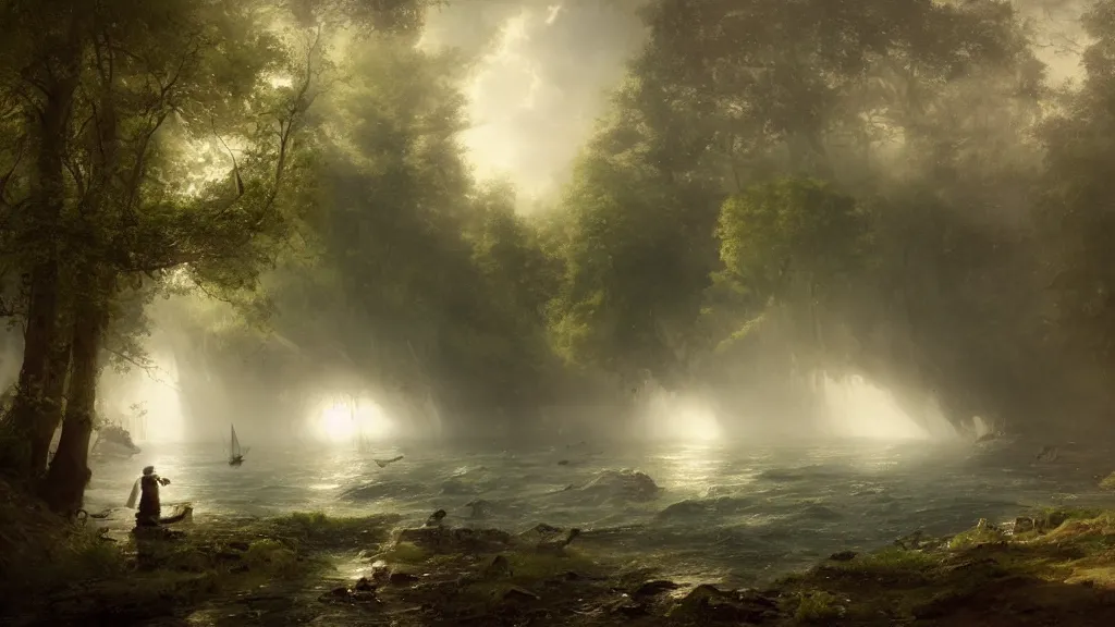 Image similar to [ searching for tom bombadil ] andreas achenbach, artgerm, mikko lagerstedt, zack snyder, tokujin yoshioka