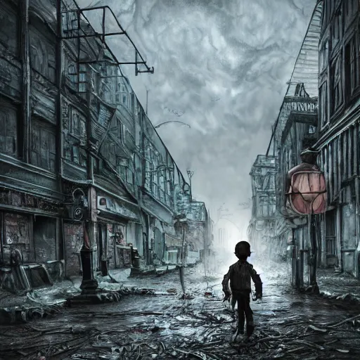 Prompt: a boy in apocalyptic zombie city, lovecraftian horror!, surrealism, fantasy, intricate, elegant, highly detailed, digital painting, realistic shading, cinematic composition, hdr, photorealistic, 3 5 mm film, concept art, artstation, matte, sharp focus, illustration, art by keith thompson and christopher lane