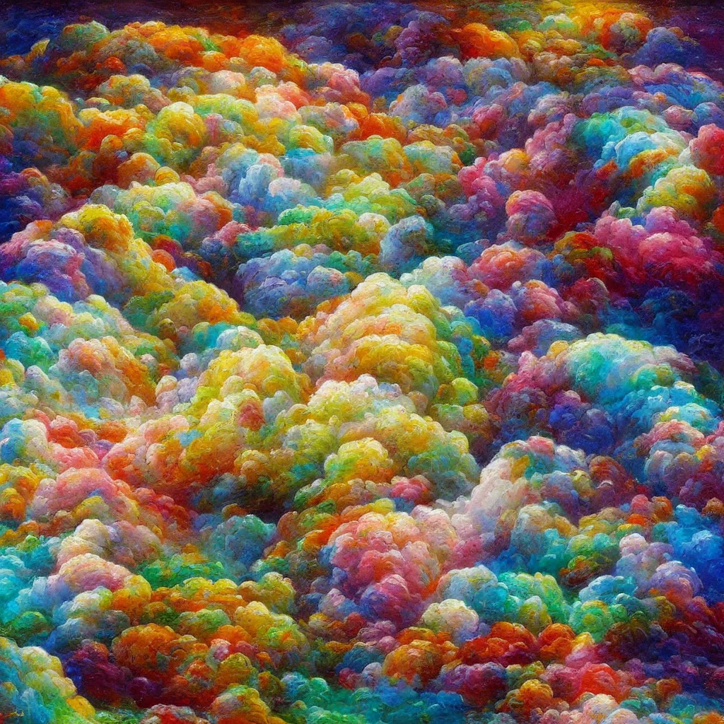 Prompt: 3d high relief painting of sea like jelly, Rainbow sheep like cotton candy, painterly, thick heavy impasto,dreamy, soft , highly detailed, expressive impressionist style, in the style of Yuri Anatolyevich Obukhovskiy