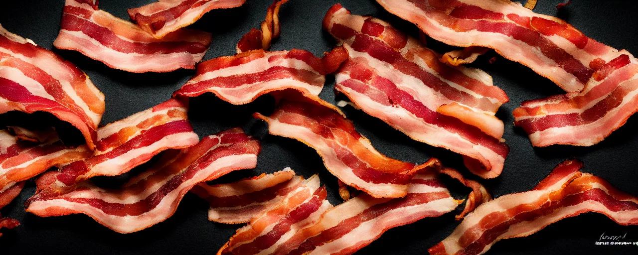 Prompt: cooked bacon, authentic, zeiss, 3 5 mm, dslr, macro, food photography, tasty, wide shot, studio, gmaster, cooking, food, kodak, sony, canon