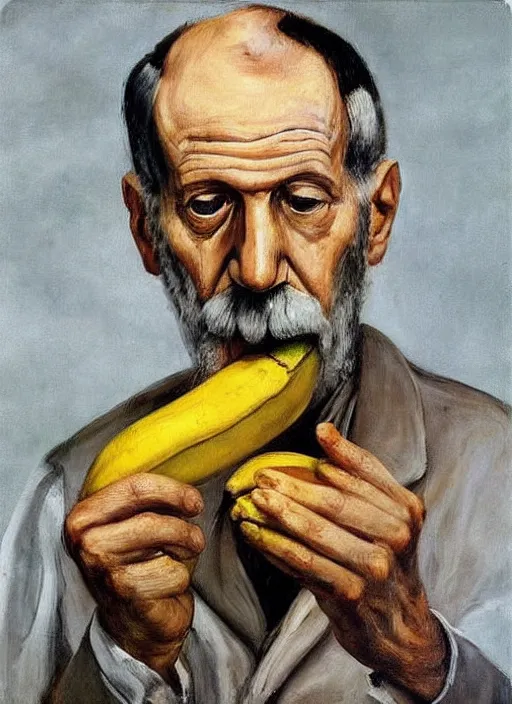 Image similar to “portrait of sigmund Freud eating a banana, by lucian freud, Freudian, fleshy, visible brush strokes, in oil”