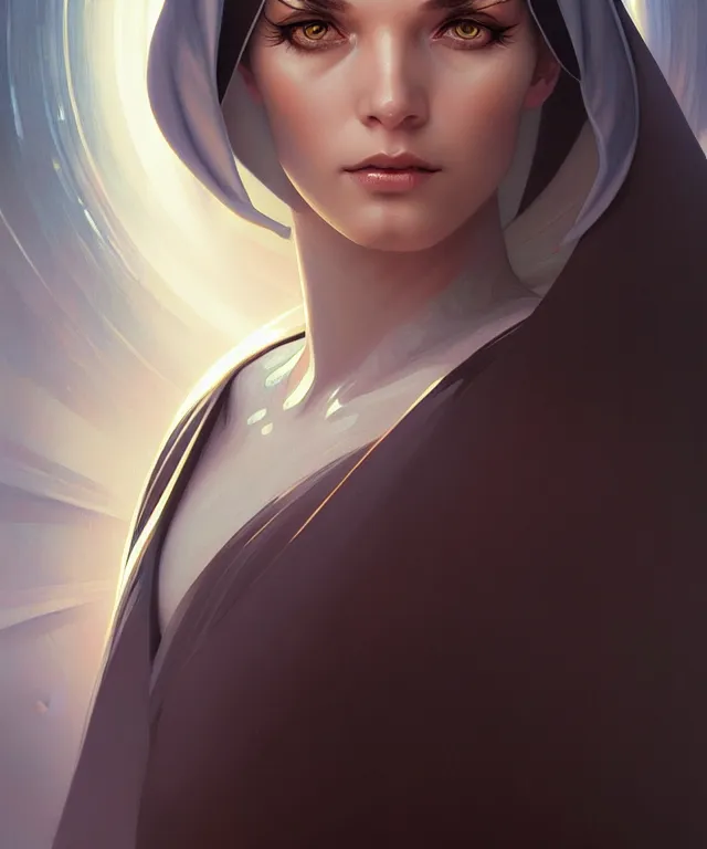 Image similar to futuristic nun woman portrait, sci - fi, amber eyes, face, long hair, fantasy, intricate, elegant, highly detailed, digital painting, artstation, concept art, smooth, sharp focus, illustration, art by artgerm and greg rutkowski and alphonse mucha