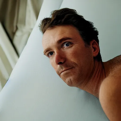 Prompt: closeup portrait of an australian man watching netflix upside down, natural light, bloom, detailed face, magazine, press, photo, steve mccurry, david lazar, canon, nikon, focus