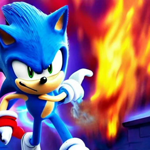 Image similar to Sonic the hedgehog committing arson, high quality award winning photograph