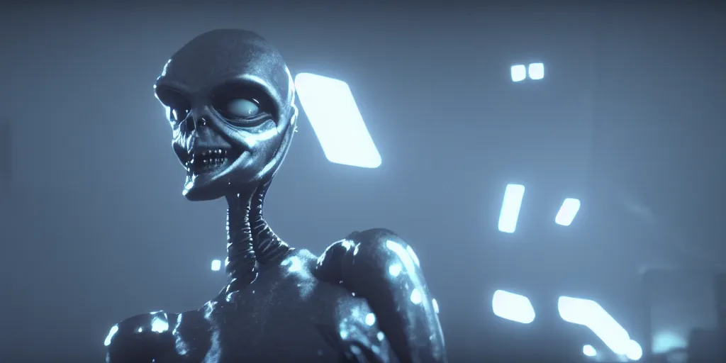 Image similar to cinematic film still of a punk alien starring in a dave meyers directed music video, cgi, vfx, ( ( ( ( chiaroscuro ) ) ) ) lighting, shallow depth of field, 8 0 mm, f 1. 8