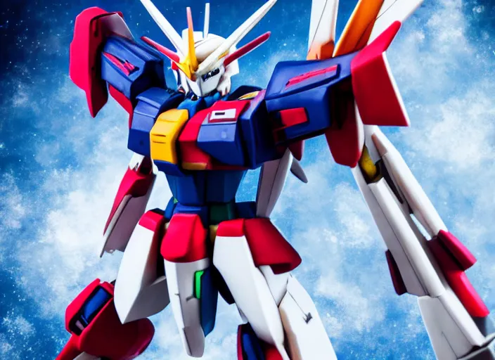 Prompt: Professional Photography, a Gundam fighting gods