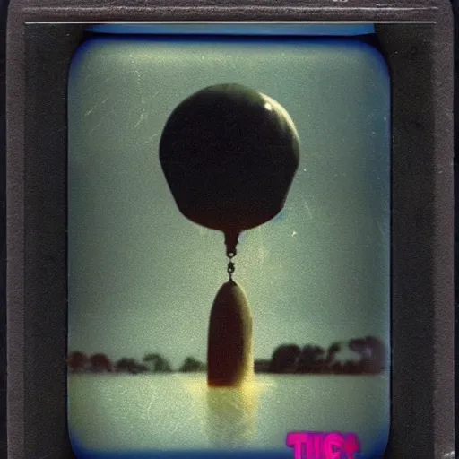 Image similar to tic tac shaped alien vessel hovering over water, real Polaroid photo