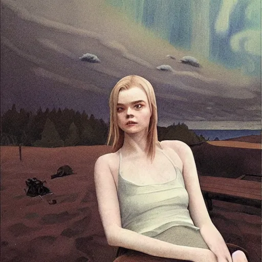 Image similar to Elle Fanning in the painted world of Akira, head and shoulders masterpiece, apocalypse, golden hour, cosmic horror, artstation, in the style of Andrew Wyeth and Edward Hopper and Bosch, extremely detailed