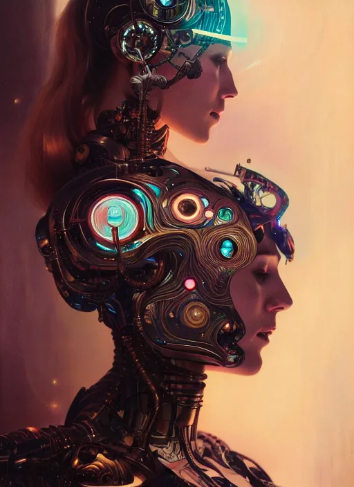 Image similar to psychedelic cyborg, diffuse lighting, fantasy, intricate, elegant, highly detailed, lifelike, photorealistic, digital painting, artstation, illustration, concept art, smooth, sharp focus, art by John Collier and Albert Aublet and Krenz Cushart and Artem Demura and Alphonse Mucha