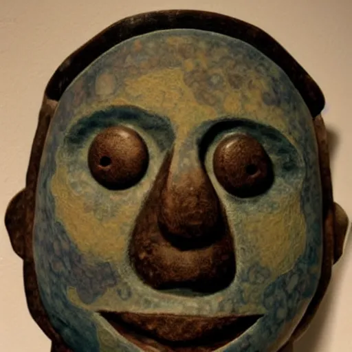 Prompt: anthropomorphic moon sculpture, man in the moon, ceramic, smiling moon, photograph, fine art, glazed ceramic, kitsch,