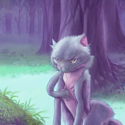 Image similar to concept art painting of an anthropomorphic purple gray hybrid reptile anime furry, in the deep forest, realistic, detailed, cel shaded, in the style of makoto shinkai and greg rutkowski and james gurney