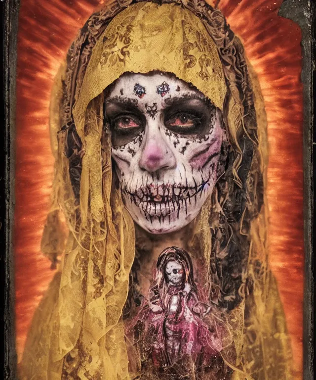 Image similar to tintype virgin mary in dia de muertos dress and make up, horrific beautiful vibe, evocative, atmospheric lighting, painted, intricate, highly detailed, leesha hannigan, wayne haag, reyna rochin, ignacio fernandez rios, mark ryden, iris van herpen, artstation, cgsociety