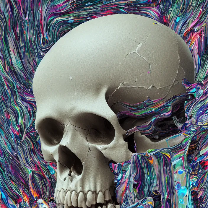 Image similar to a melting, dripping, human skull. intricate abstract. intricate artwork. by Tooth Wu, wlop, beeple, dan mumford. octane render, trending on artstation, greg rutkowski, coherent, symmetrical artwork. cinematic, hyper realism, high detail, octane render, 8k, depth of field, bokeh. iridescent accents