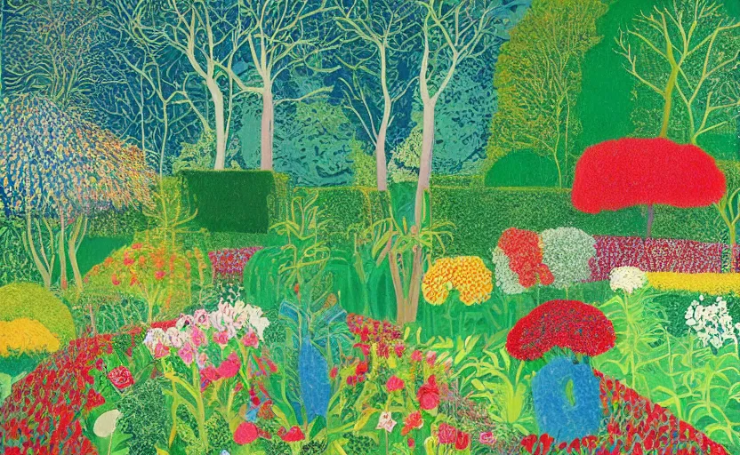 Prompt: an English garden by David hockney