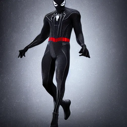 Image similar to black spider - man suit with white web lining, cinematic, volumetric lighting, realistic, hyperdetailed, photorealistic, photograph