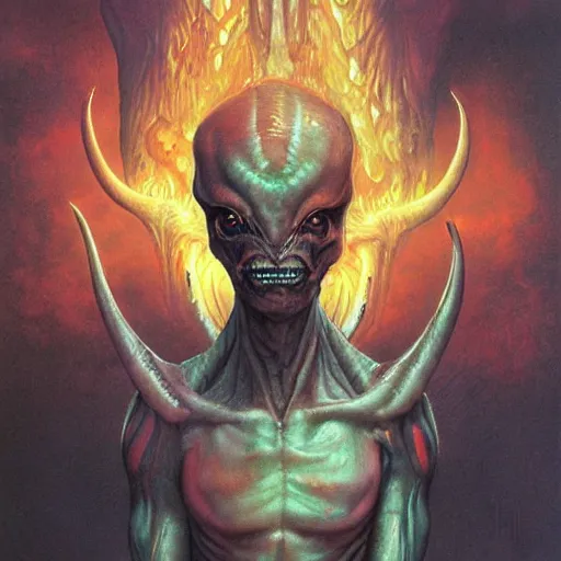Image similar to realistic alien with horns. red eyes, human eyes, background flames, by wayne barlowe