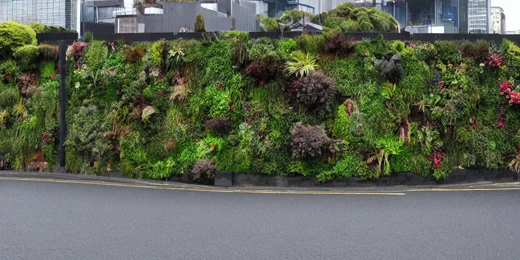 Image similar to lampton quay, wellington city, new zealand where the building walls are covered in living walls made of nz endemic plants. rainy windy day. google street view