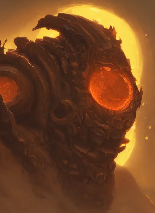 Image similar to a highly detailed illustration of worn down colossal bronze giant, with big orange glowing eyes, gentle calm doting pose, intricate, elegant, highly detailed, centered, digital painting, artstation, concept art, smooth, sharp focus, league of legends concept art, WLOP