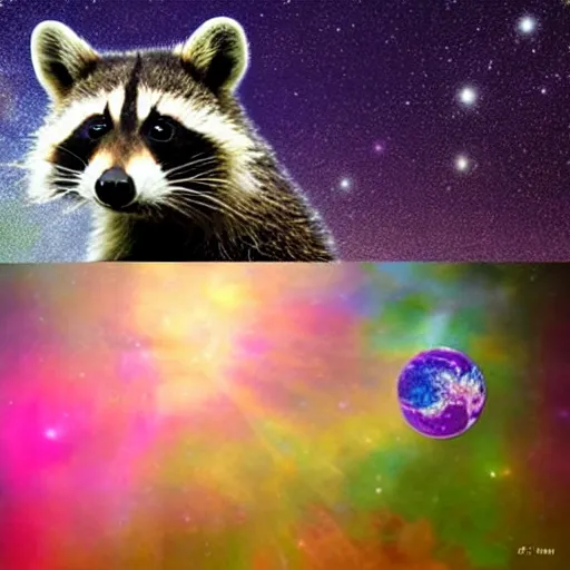 Image similar to confused raccoon floating through the cosmos, poorly photoshopped,