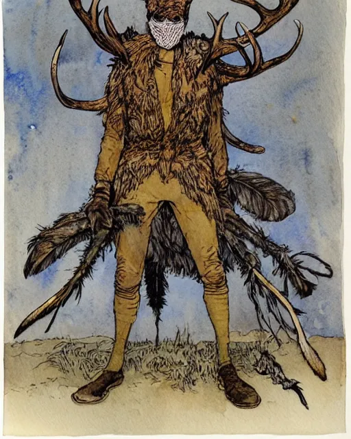 Prompt: a simple and atmospheric watercolour full - body portrait of a huntsman wearing a mask made of hundreds of feathers with antlers, very muted colors, by rebecca guay, michael kaluta, charles vess and jean moebius giraud