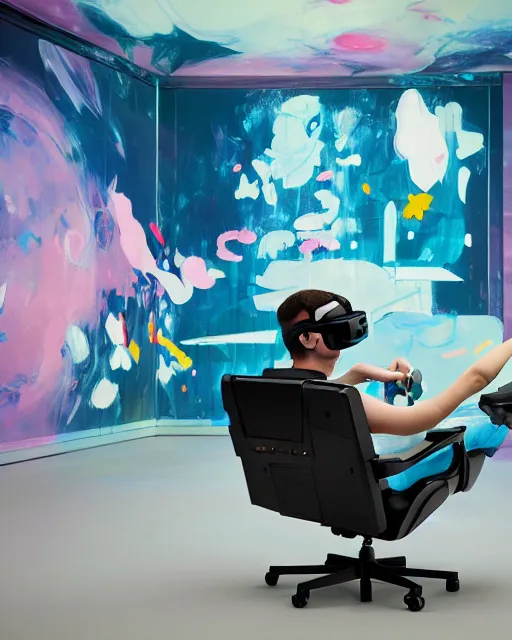 Image similar to a cosplay model reclines in a gaming computer chair wearing a vr headset and headphones holding a game controller, in a domestic interior filled with screens by james jean and luc tuymans and beeple and hernan bas and pat steir and hilma af klint, psychological, 3 d, dripping paint, high quality render, masterpiece