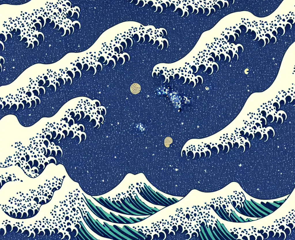 Prompt: dream waves on the starfields by katsushika hokusai and ben wanat ; setting is the halls of space and place that has no beginning and no end