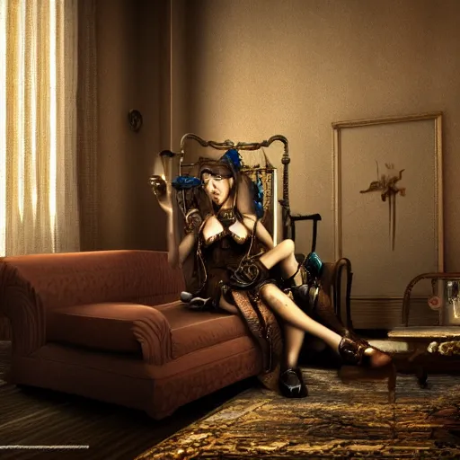 Image similar to a beautiful female is sitting on her living room couch. She is dressed casually and is watching TV, Realistic, Refined, Detailed Digital Art, Steampunk, Highly Detailed, Cinematic Lighting, Unreal Engine, 8k, HD