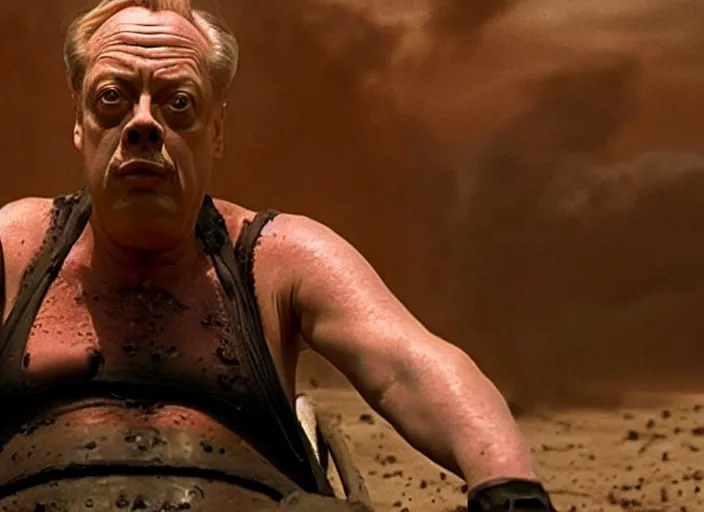 Image similar to steve buscemi as baron harkonnen in a black oil bath in a still from the film Dune (2021)