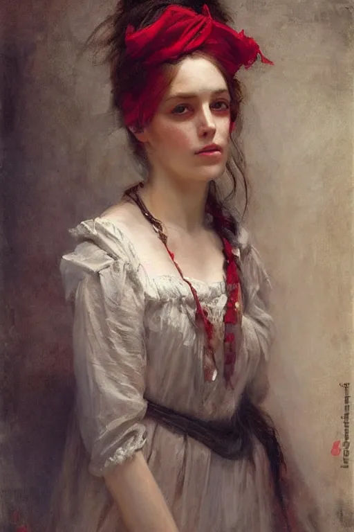 Image similar to Solomon Joseph Solomon and Richard Schmid and Jeremy Lipking victorian genre painting full length portrait painting of a young beautiful woman traditional german french pirate wench in fantasy costume, red background