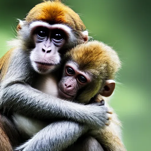 Image similar to a monkey hugging its sister, monkey, birthday, highly detailed, hyper realistic