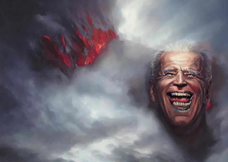 Image similar to abstract painting of giant Joe Biden grinning evil emperor of the world emerging in dark clouds, Sidious, noxious, cosmic horror, evil, dangerous, trending on ArtStation, masterpiece, by Greg Rutkowski, by Ross Tran, by Fenghua Zhong, octane, lightbeam eyes, soft render, clear facial features, oil on canvas, immense crowd of imploring people, moody lighting, cinematic, professional environment concept art